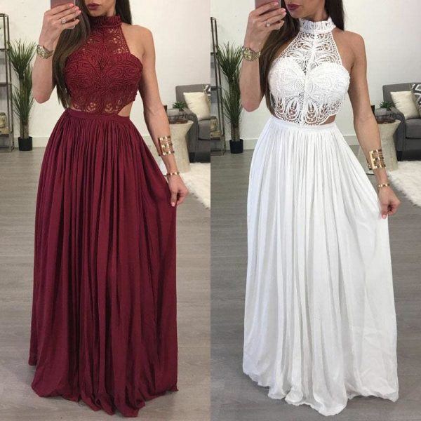The Best Fashion Lace Maxi Dress Ladies Backless Sexy Hollow Out Skinny Summer Boho Elegant Women Evening Party Halter Sleeveless Dress Online - Hplify