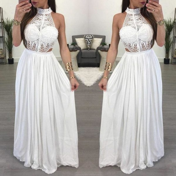 The Best Fashion Lace Maxi Dress Ladies Backless Sexy Hollow Out Skinny Summer Boho Elegant Women Evening Party Halter Sleeveless Dress Online - Hplify