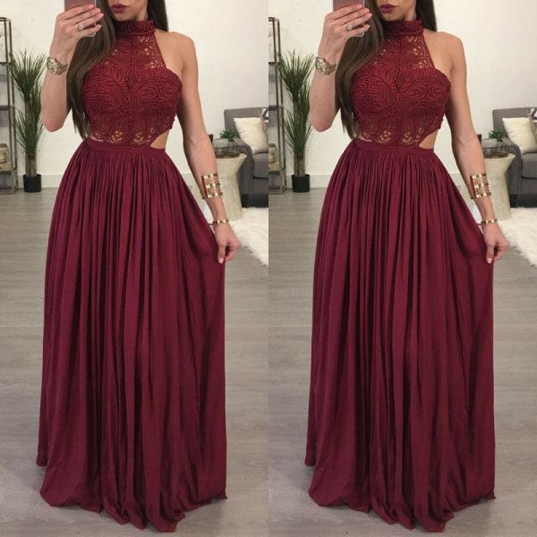 The Best Fashion Lace Maxi Dress Ladies Backless Sexy Hollow Out Skinny Summer Boho Elegant Women Evening Party Halter Sleeveless Dress Online - Hplify