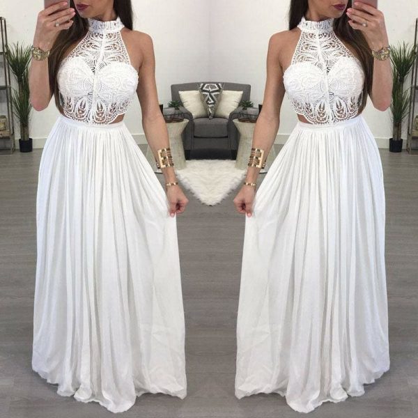 The Best Fashion Lace Maxi Dress Ladies Backless Sexy Hollow Out Skinny Summer Boho Elegant Women Evening Party Halter Sleeveless Dress Online - Hplify