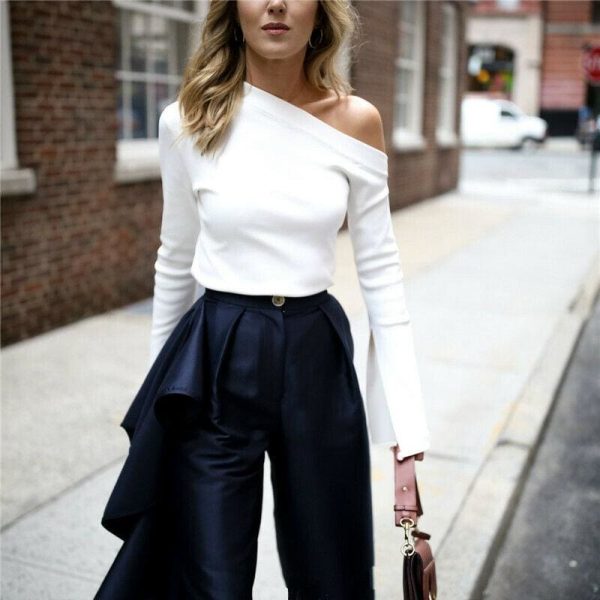 The Best Fashion Ladies Women Loose Flare Long Sleeve Solid White T-Shirt Cotton Knitted Tops Shirt Online - Hplify