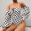 The Best Fashion Ladies Women Off Shoulder Long Sleeve Polka Stretch Bardot Romper Jumpsuit Bodysuit Leotard Top Online - Hplify