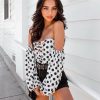 The Best Fashion Ladies Women Off Shoulder Long Sleeve Polka Stretch Bardot Romper Jumpsuit Bodysuit Leotard Top Online - Hplify