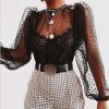 The Best Fashion Ladies Women Sexy See Through Mesh Shirts Dot Printed Puff Long Sleeve Sheer O Neck Blouse Clubwear Summer Tops Online - Hplify