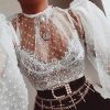 The Best Fashion Ladies Women Sexy See Through Mesh Shirts Dot Printed Puff Long Sleeve Sheer O Neck Blouse Clubwear Summer Tops Online - Hplify