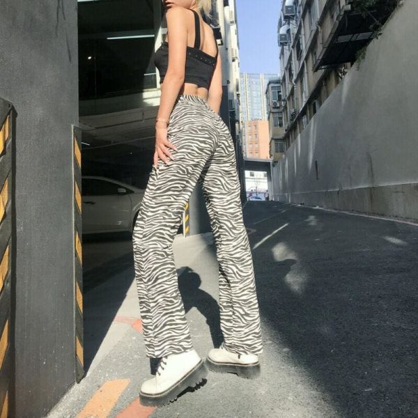 The Best Fashion Long Pants Women High Waist Flat Front Zebra Print Wide-Leg Pants Trouser Online - Hplify