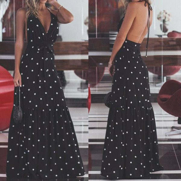 The Best Fashion Maxi Dress Women Ladies Casual Bandage Sleeveless Boho Polka Dot Sexy Backless Bodycon Online - Hplify