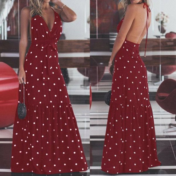 The Best Fashion Maxi Dress Women Ladies Casual Bandage Sleeveless Boho Polka Dot Sexy Backless Bodycon Online - Hplify