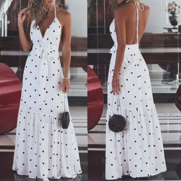 The Best Fashion Maxi Dress Women Ladies Casual Bandage Sleeveless Boho Polka Dot Sexy Backless Bodycon Online - Hplify