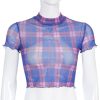 The Best Fashion Summer Women Plaid Sheer Mesh Crop Tops Ladies Short Sleeve Sexy See-through Seamless Shirt Summer Clothes Online - Hplify