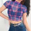 The Best Fashion Summer Women Plaid Sheer Mesh Crop Tops Ladies Short Sleeve Sexy See-through Seamless Shirt Summer Clothes Online - Hplify