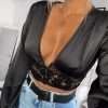 The Best Fashion Women Autumn Blouse Hollow Deep V Neck Lace Crop Top Casual Long Sleeve Tops Ladies Sexy Shirts Outwear Online - Hplify