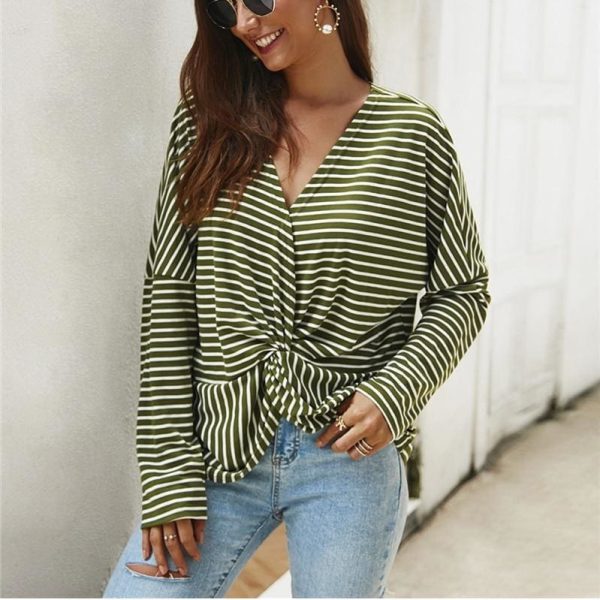 The Best Fashion Women Autumn Casual Top Long Sleeve T shirt V Neck crisscross Tee Shirt Femme Elegant Stripe Dames tshirt Streetwear Online - Hplify