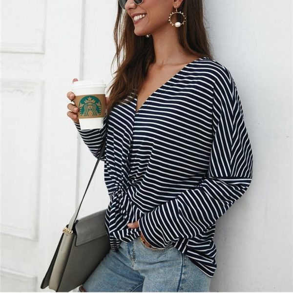 The Best Fashion Women Autumn Casual Top Long Sleeve T shirt V Neck crisscross Tee Shirt Femme Elegant Stripe Dames tshirt Streetwear Online - Hplify