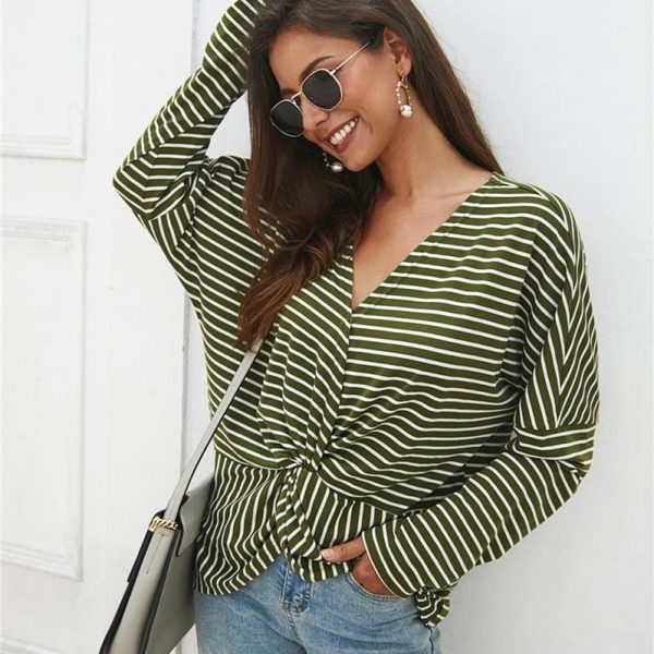 The Best Fashion Women Autumn Casual Top Long Sleeve T shirt V Neck crisscross Tee Shirt Femme Elegant Stripe Dames tshirt Streetwear Online - Hplify