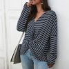 The Best Fashion Women Autumn Casual Top Long Sleeve T shirt V Neck crisscross Tee Shirt Femme Elegant Stripe Dames tshirt Streetwear Online - Hplify
