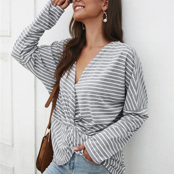 The Best Fashion Women Autumn Casual Top Long Sleeve T shirt V Neck crisscross Tee Shirt Femme Elegant Stripe Dames tshirt Streetwear Online - Hplify