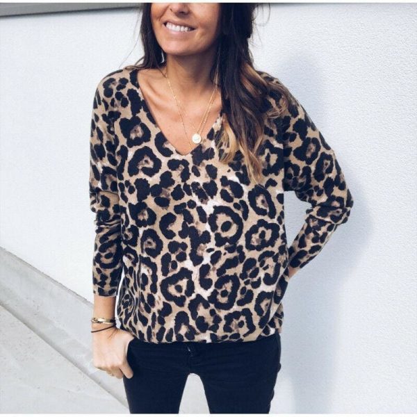 The Best Fashion Women Autumn V neck Tops Ladies Leopard Loose Tee Shirt Femme Long Sleeve Casual T-Shirt Streetwear Online - Hplify