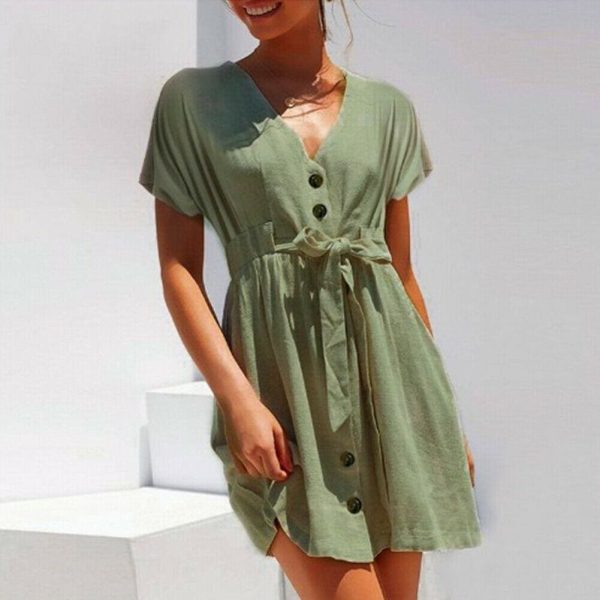 The Best Fashion Women Boho Cotton Linen Sundress Ladies Summer Short Sleeve Holiday Beach Button Loose Solid Short Dress Online - Hplify