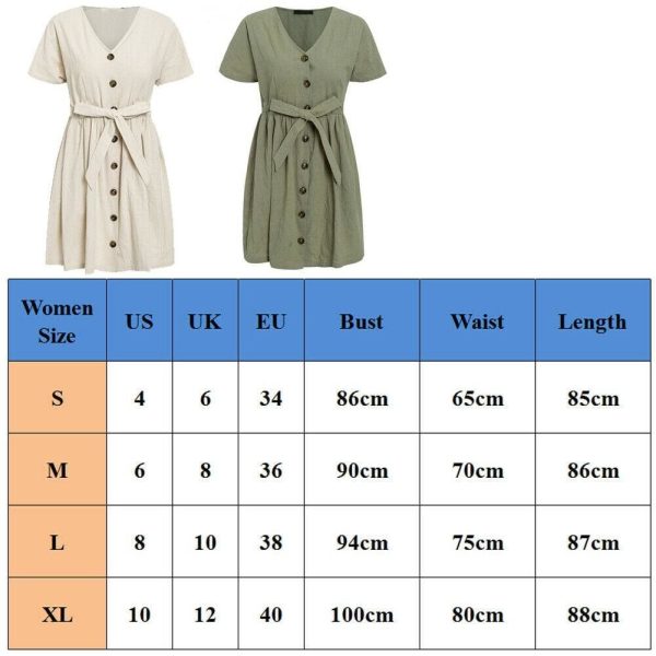 The Best Fashion Women Boho Cotton Linen Sundress Ladies Summer Short Sleeve Holiday Beach Button Loose Solid Short Dress Online - Hplify