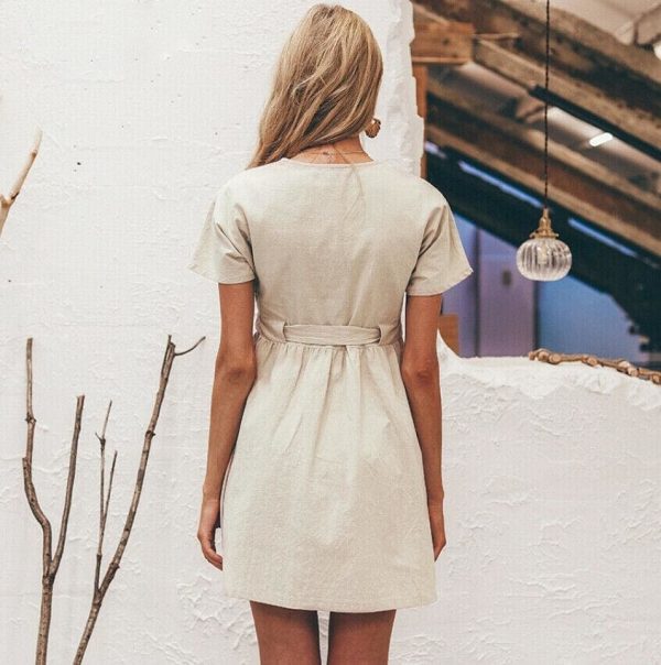 The Best Fashion Women Boho Cotton Linen Sundress Ladies Summer Short Sleeve Holiday Beach Button Loose Solid Short Dress Online - Hplify