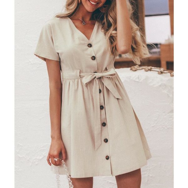 The Best Fashion Women Boho Cotton Linen Sundress Ladies Summer Short Sleeve Holiday Beach Button Loose Solid Short Dress Online - Hplify