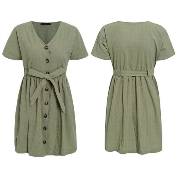 The Best Fashion Women Boho Cotton Linen Sundress Ladies Summer Short Sleeve Holiday Beach Button Loose Solid Short Dress Online - Hplify
