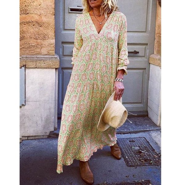 The Best Fashion Women Boho Deep V Neck Floral Long Maxi Dress Tunic Beach Kaftan Holiday Club Casual Loose Dresses Sundress Online - Hplify