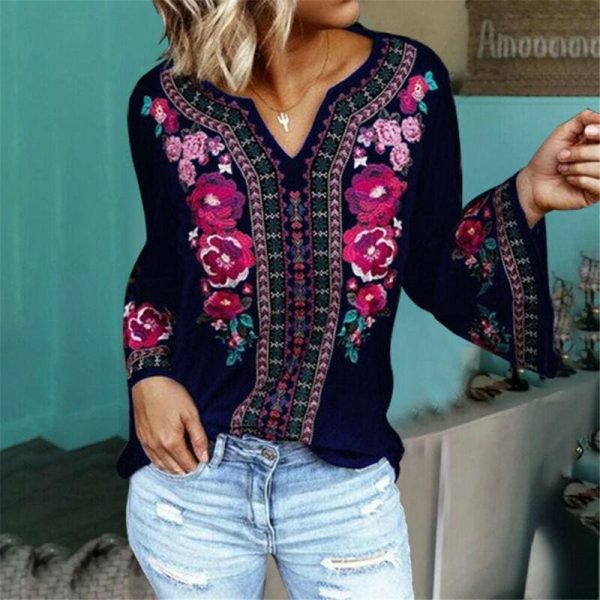 The Best Fashion Women Boho Floral Long Sleeve Baggy V Neck Loose Blouse Autumn Ladies Casual Jumper Tops Plus Size Online - Hplify