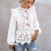 The Best Fashion Women Boho Puff Sleeve Floral Lace White Tops Blouses Hollow Out Office Elegant Ladies Shirt Party Tops Online - Hplify