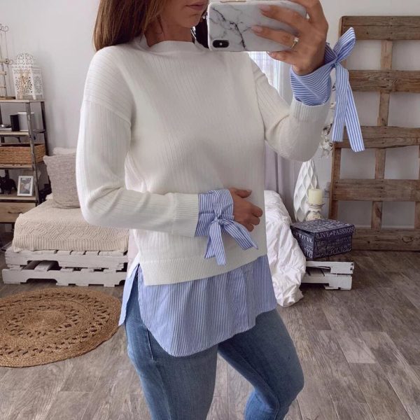 The Best Fashion Women Casual Bowknot Round Neck Pullover Blouse Tops Autumn Lady Long Sleeve Patchwork Sweater Jumper Shirt Online - Hplify