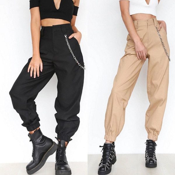The Best Fashion Women Casual Hip Hop Loose Visual Rock Chain Trousers Dance High Waist Cargo Pants Plus Size Online - Hplify