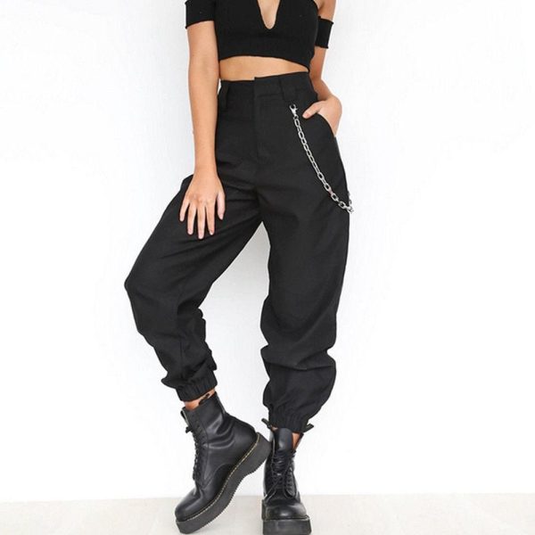 The Best Fashion Women Casual Hip Hop Loose Visual Rock Chain Trousers Dance High Waist Cargo Pants Plus Size Online - Hplify