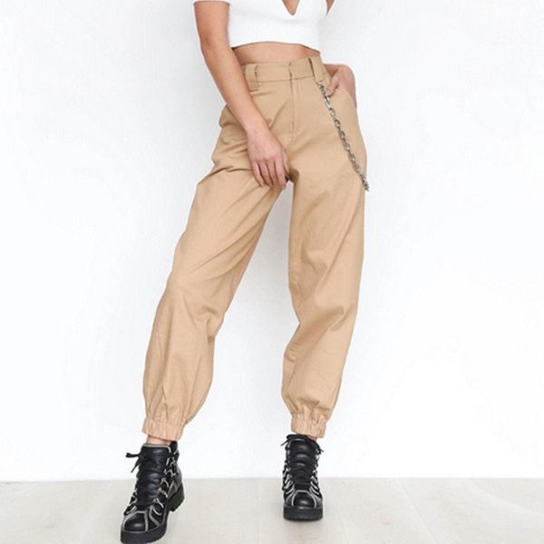 The Best Fashion Women Casual Hip Hop Loose Visual Rock Chain Trousers Dance High Waist Cargo Pants Plus Size Online - Hplify