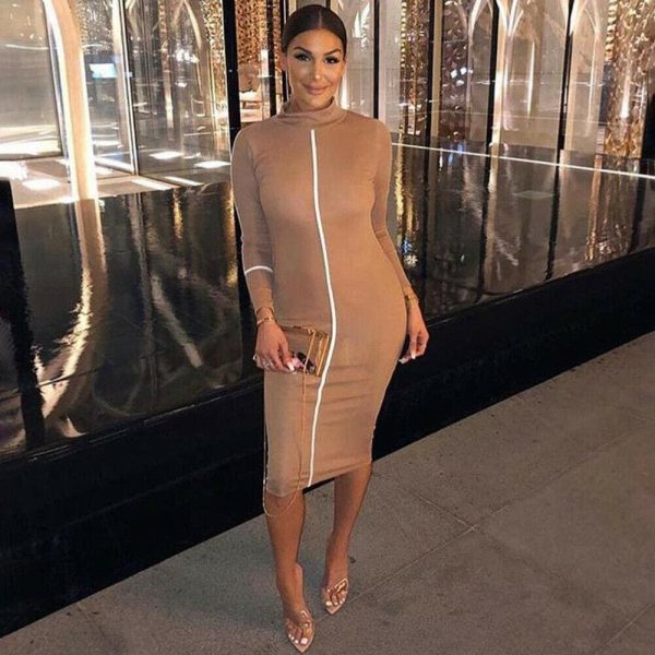 The Best Fashion Women Contrast Color Long Sleeve Temperament Fitness Summer Long Sleeve Bodycon Stretch Pencil Dress Online - Hplify