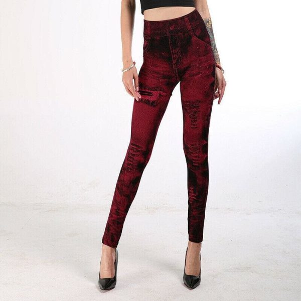 The Best Fashion Women Elastic Skinny Stretchy High Waist Leggings Slim Denim Look Jeans Jeggings Stretchy Long Pants Trousers Online - Hplify