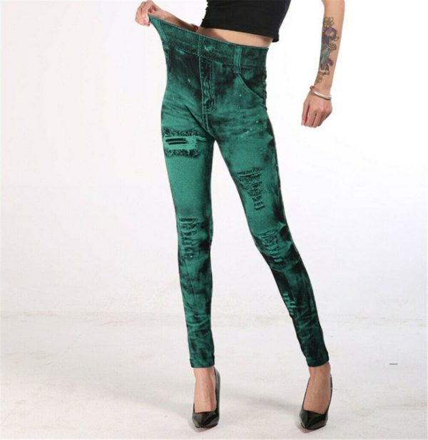 The Best Fashion Women Elastic Skinny Stretchy High Waist Leggings Slim Denim Look Jeans Jeggings Stretchy Long Pants Trousers Online - Hplify