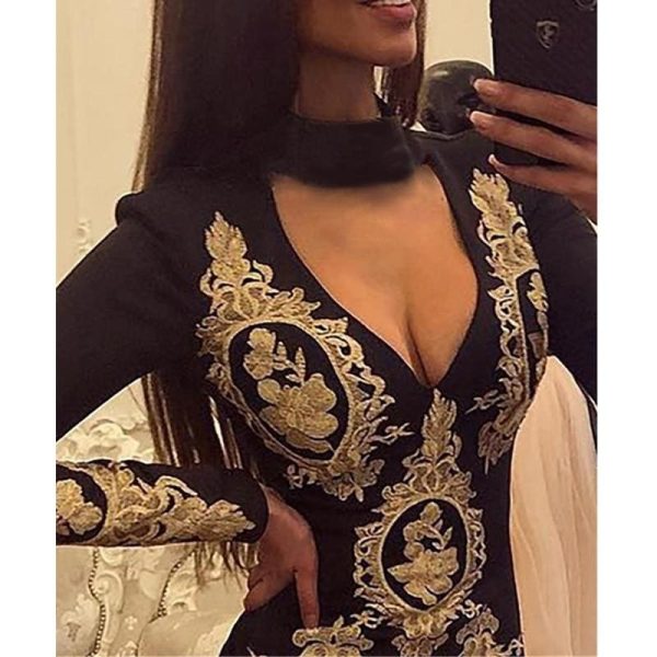 The Best Fashion Women Elegant Floral Dress Sexy Ladies Deep V Neck Long Sleeve Bodycon Slim Fit Casual Club Party Dress Online - Hplify