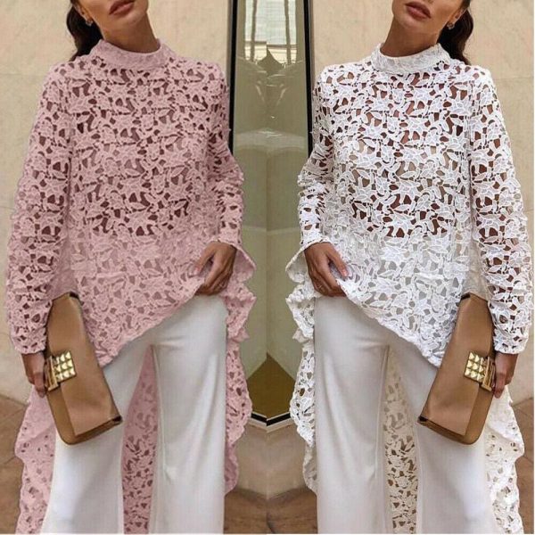 The Best Fashion Women Irregular Loose Long Sleeve Casual Lace Jumper Stretch Pullover Hollow Floral Tops Blouse Tunic Online - Hplify
