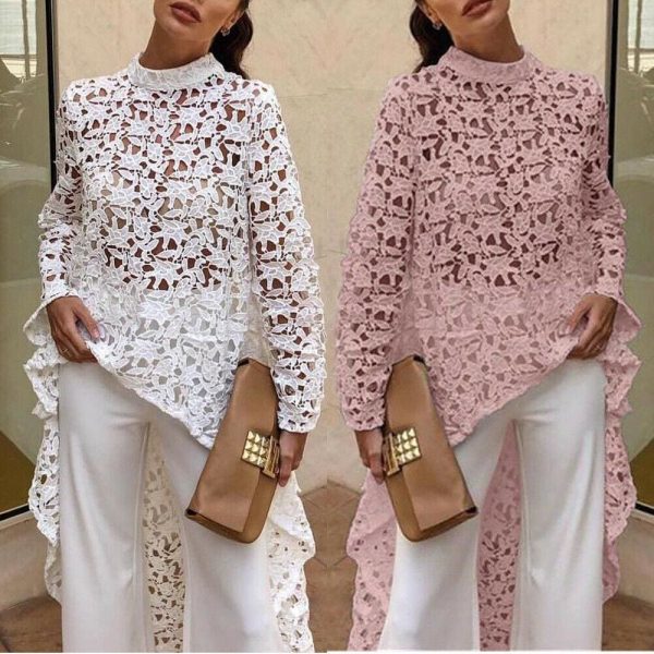 The Best Fashion Women Irregular Loose Long Sleeve Casual Lace Jumper Stretch Pullover Hollow Floral Tops Blouse Tunic Online - Hplify