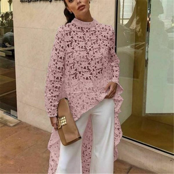 The Best Fashion Women Irregular Loose Long Sleeve Casual Lace Jumper Stretch Pullover Hollow Floral Tops Blouse Tunic Online - Hplify
