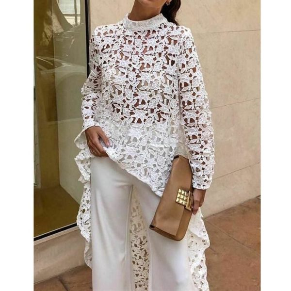 The Best Fashion Women Irregular Loose Long Sleeve Casual Lace Jumper Stretch Pullover Hollow Floral Tops Blouse Tunic Online - Hplify
