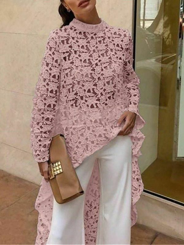The Best Fashion Women Irregular Loose Long Sleeve Casual Lace Jumper Stretch Pullover Hollow Floral Tops Blouse Tunic Online - Hplify