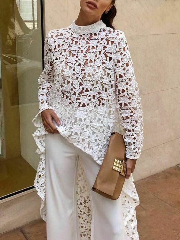The Best Fashion Women Irregular Loose Long Sleeve Casual Lace Jumper Stretch Pullover Hollow Floral Tops Blouse Tunic Online - Hplify