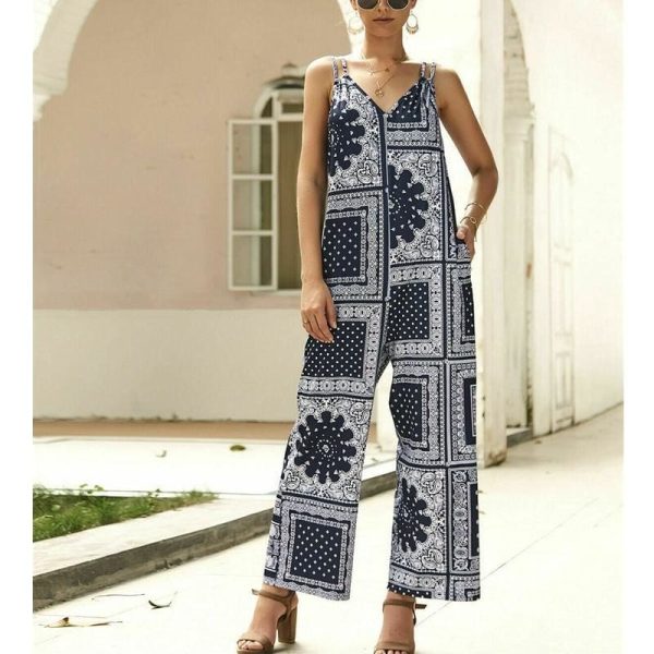 The Best Fashion Women Jumpsuit V Neck Print Floral Pocket Ladies Summer Beach Wide Leg Holiday Romper Long Jumpsuit Trousers Online - Hplify