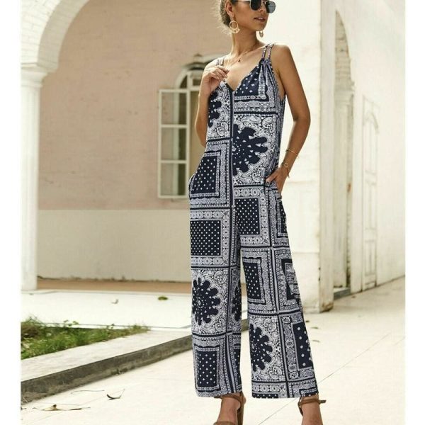 The Best Fashion Women Jumpsuit V Neck Print Floral Pocket Ladies Summer Beach Wide Leg Holiday Romper Long Jumpsuit Trousers Online - Hplify