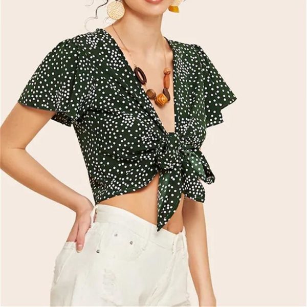 The Best Fashion Women Ladies Floral Wave Point Bandage Crop Tops Ladies Short Sleeve V-Neck Blouse Casual Short Shirts Online - Hplify