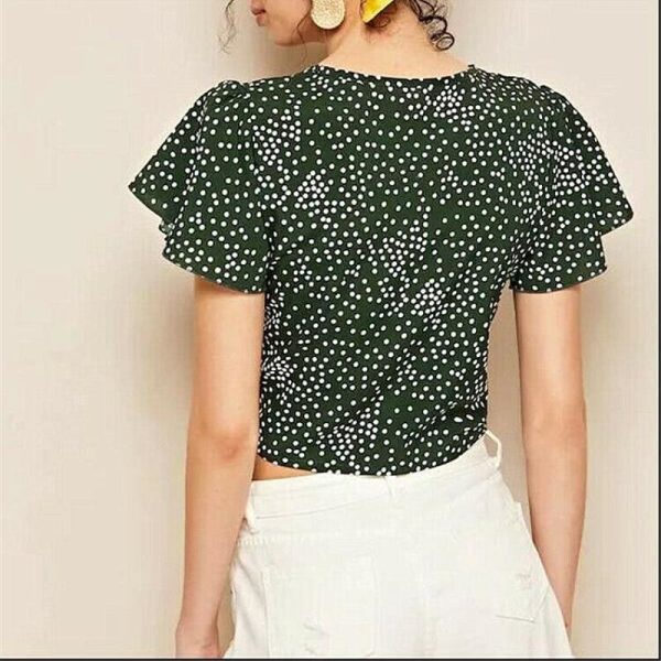 The Best Fashion Women Ladies Floral Wave Point Bandage Crop Tops Ladies Short Sleeve V-Neck Blouse Casual Short Shirts Online - Hplify
