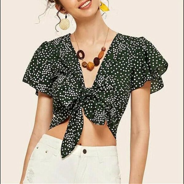 The Best Fashion Women Ladies Floral Wave Point Bandage Crop Tops Ladies Short Sleeve V-Neck Blouse Casual Short Shirts Online - Hplify