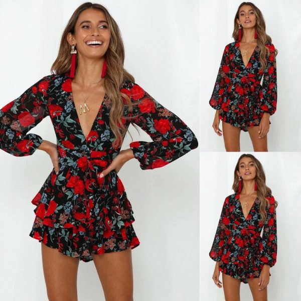 The Best Fashion Women Ladies Long Sleeve Boho Floral Playsuit Bodycon Holiday Party Summer Beach Jumpsuit&Romper Trousers New Online - Hplify